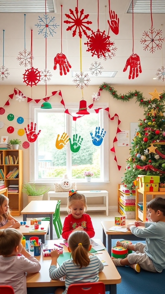 Children crafting DIY Christmas decorations in a daycare, featuring colorful snowflakes, handprint ornaments, and festive garlands.